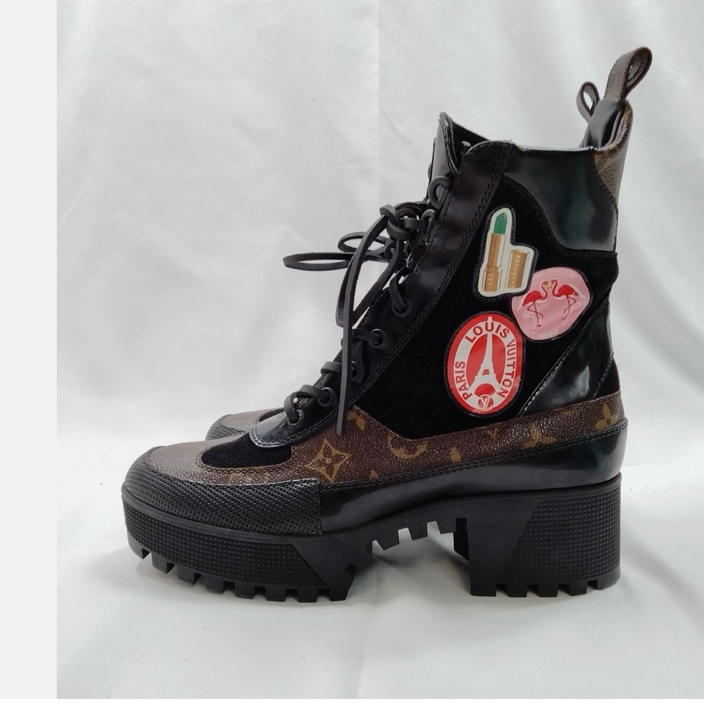 Louis Vuitton Black and Brown Combat Boots with Patches